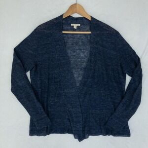 Eileen Fisher Cardigan Womens Petite‎ L Blue 100% Linen Open Front Beach Coastal